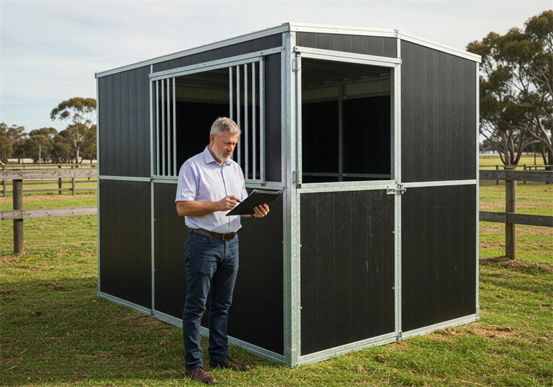 A professional client inspects a high-quality, portable horse stable for the ANZ market, highlighting the durable flat pack design and hot-dip galvanized steel construction.