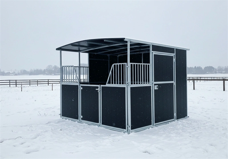 High-quality Portable Horse Stables for ANZ markets, showcasing a durable galvanized steel frame and UV-resistant HDPE panels. This portable stable kit is designed for professional equestrian facilities and offers tax benefits through its temporary structure classification.