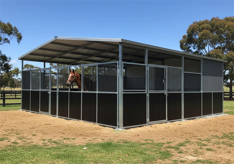 DB Stable manufactures high-quality portable horse stables for the ANZ market, featuring 10mm UV-resistant HDPE boards and hot-dip galvanized frames. This sturdy stable kit design ensures durability and cost benefits for equestrian professionals and distributors.