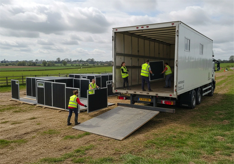 DB Stable team demonstrates the installation of portable horse stables for ANZ, showcasing a flat-pack delivery of durable panels ready for on-site assembly.