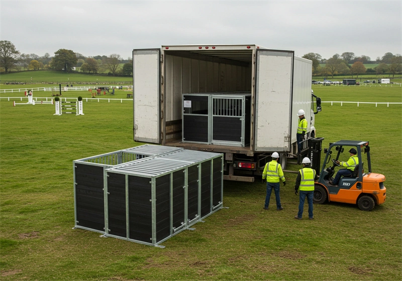 Workers and a forklift unloading a portable horse stall from a truck at an outdoor equestrian venue