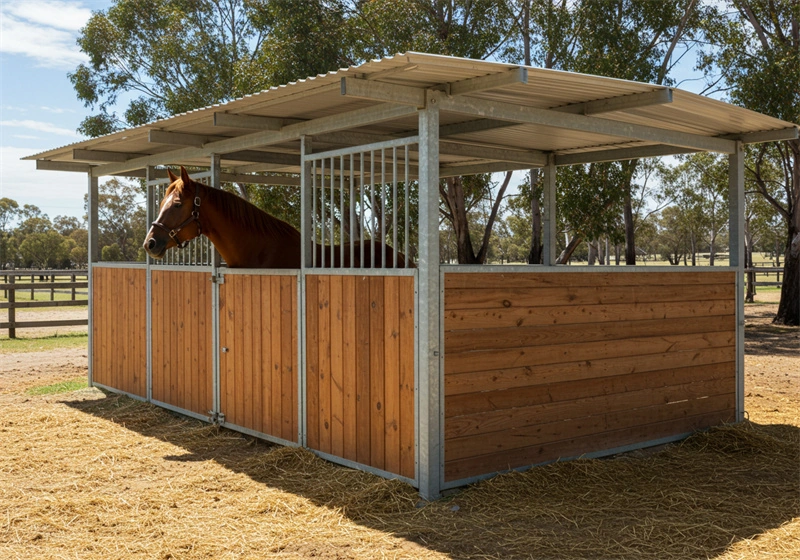 A high-quality prefab horse stable featuring hot-dip galvanized steel frames and UV-resistant wooden panels, designed for the Australian and New Zealand markets. This durable portable horse stable ensures secure shelter for professional equestrian operations.